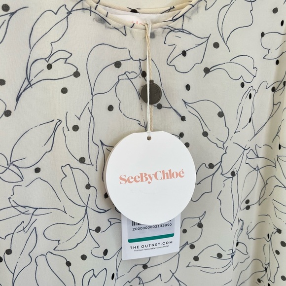 See by Chloe Ruffle Pleated Tiered Mini Shift Printed Tank Dress Cream 44/US 12 - Picture 6 of 11